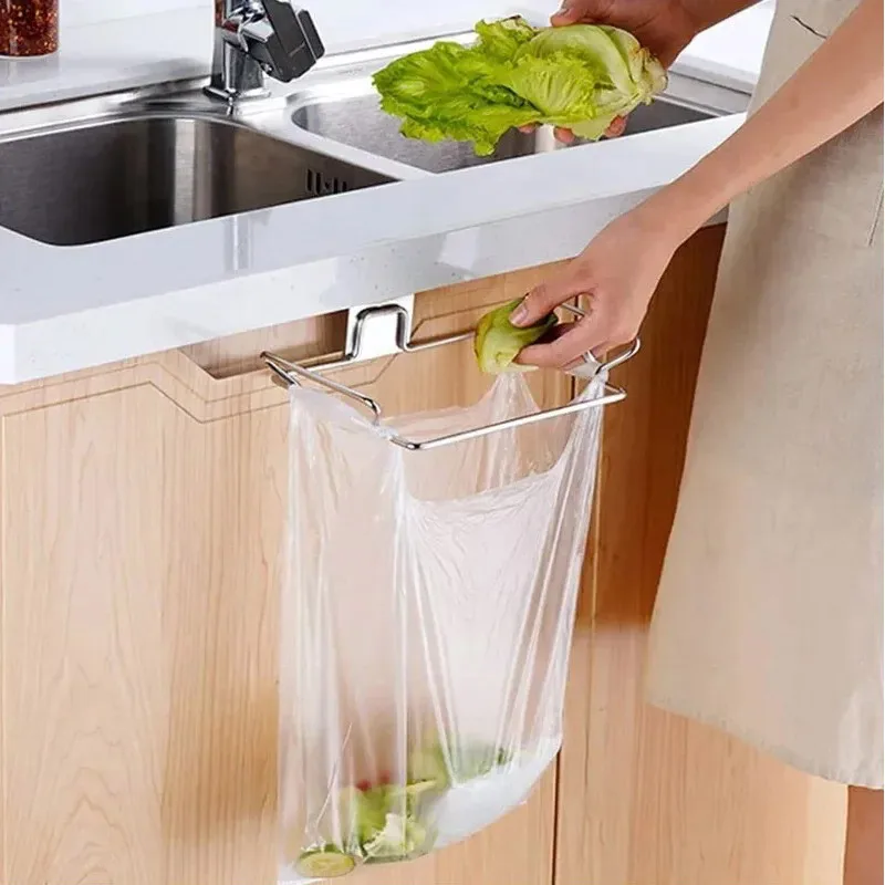 Creative Stainless Steel Garbage Bag Support Rack No Punching Required Cabinet Door Storage Rack Kitchen Hanging Organizer