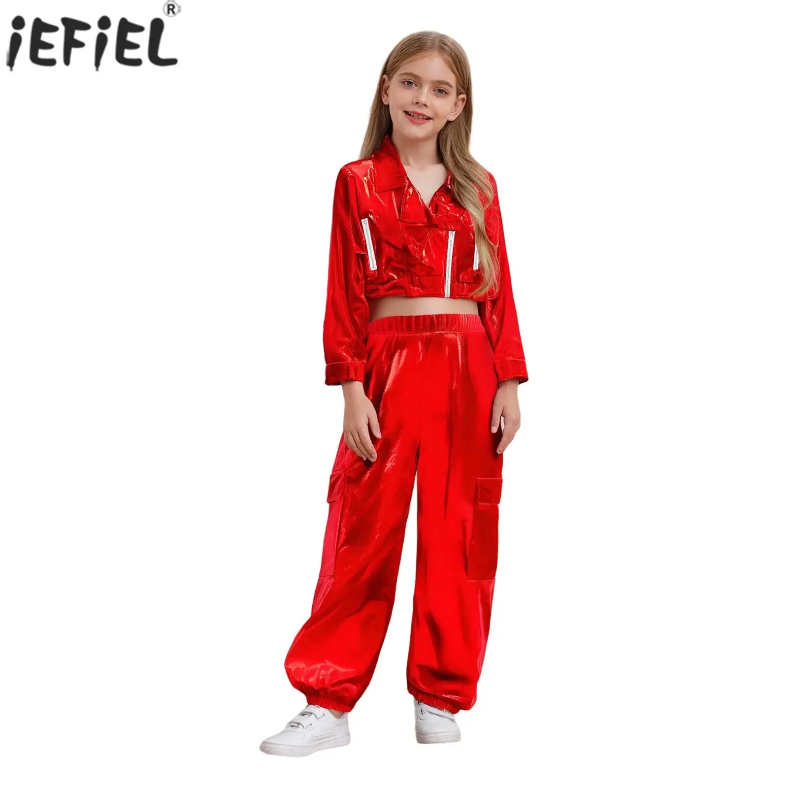 Kids Boys Girls Metallic Hip-Hop Jazz Dance Outfits Long Sleeve Zipper Jacket Outwear with Shiny Pants Skateboarding Streetwear
