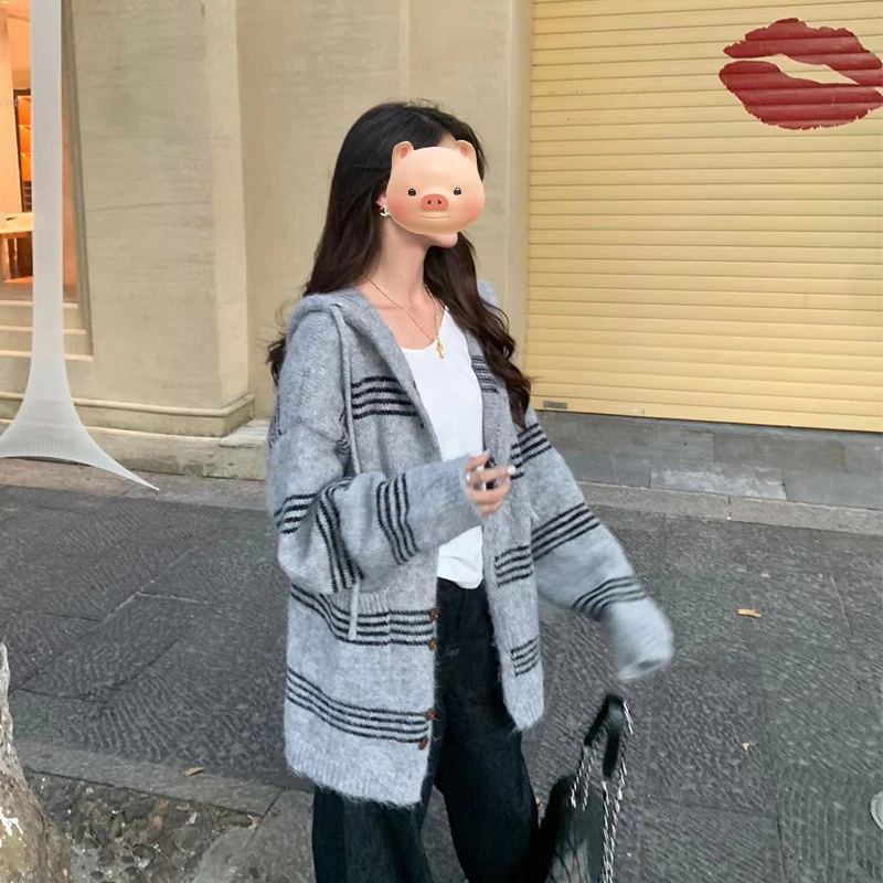 

Женский ленивый цветной полосатый вязаный свитер с капюшоном, пальто, осень-зима, корейский свободный открытый кардиган средней длины, топ