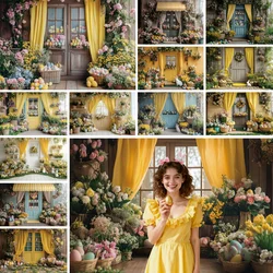 Spring Easter Photography Backdrop Yellow Curtain Wooden Door Flower Egg Rabbit Kid Easter Birthday Party Decor Photo Background