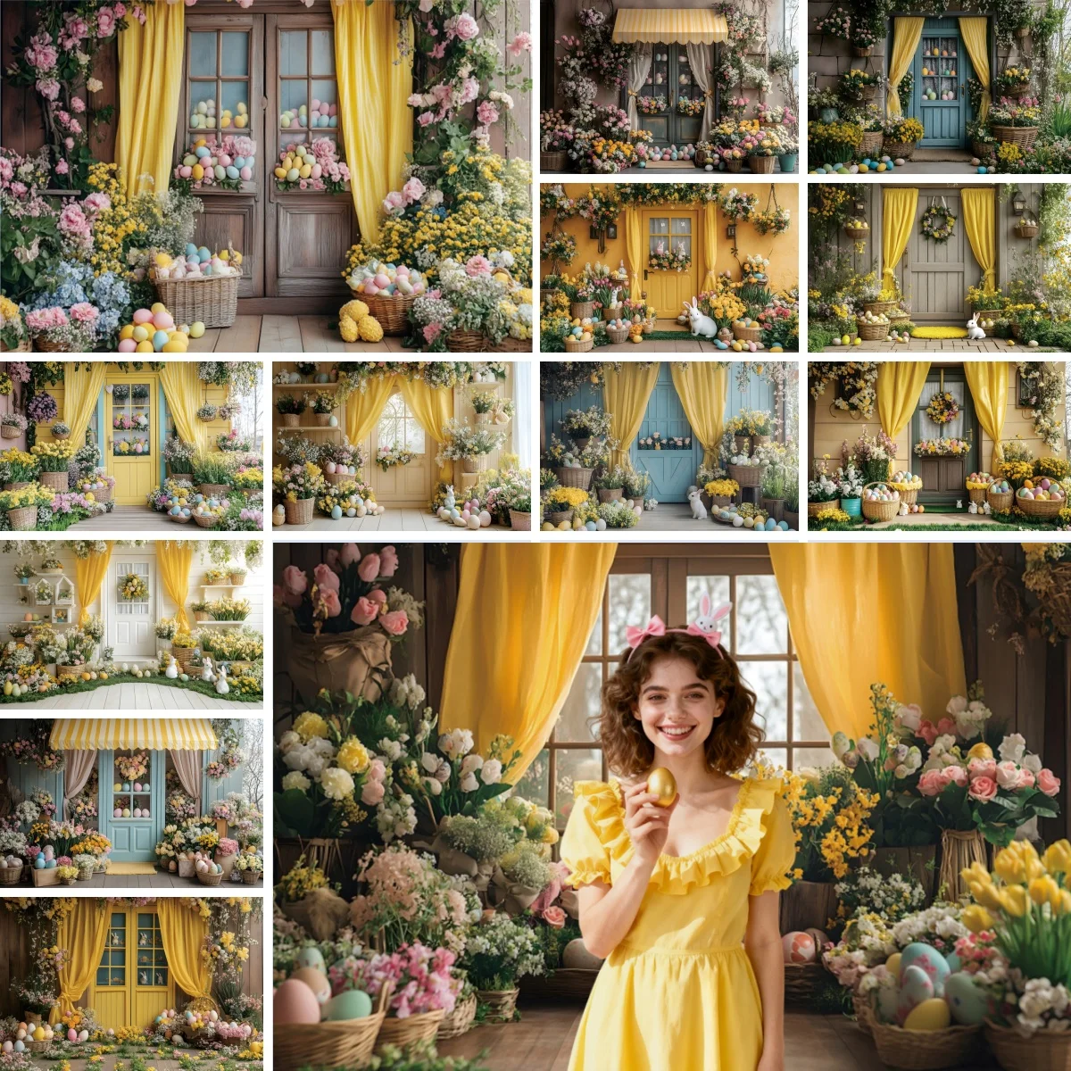 Spring Easter Photography Backdrop Yellow Curtain Wooden Door Flower Egg Rabbit Kid Easter Birthday Party Decor Photo Background