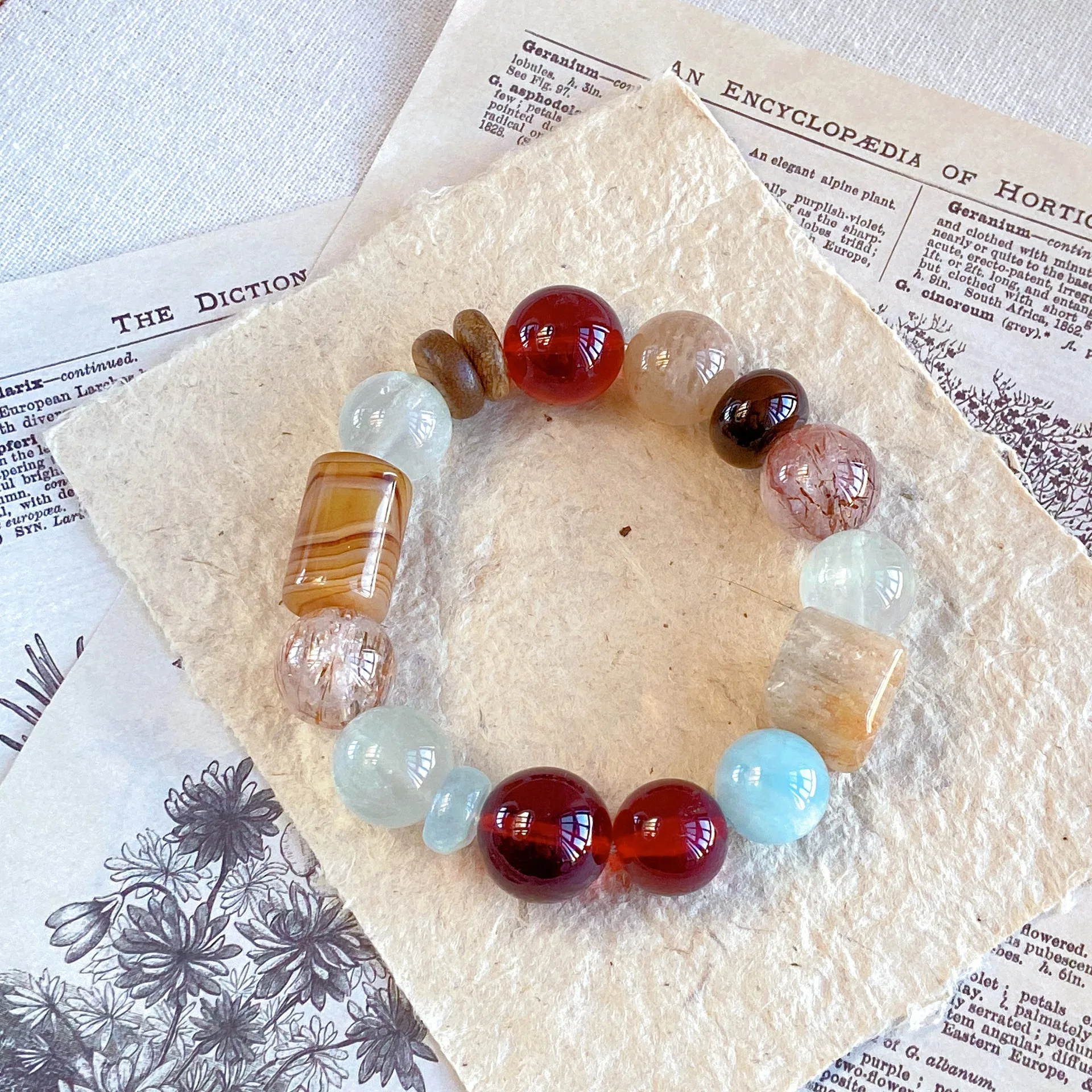 16mm Chinese Style Good Luck Natural Red Agate Aquamarine Thousand Layer Phantom Crystal Beaded Bracelet Wealth Attracting Bless