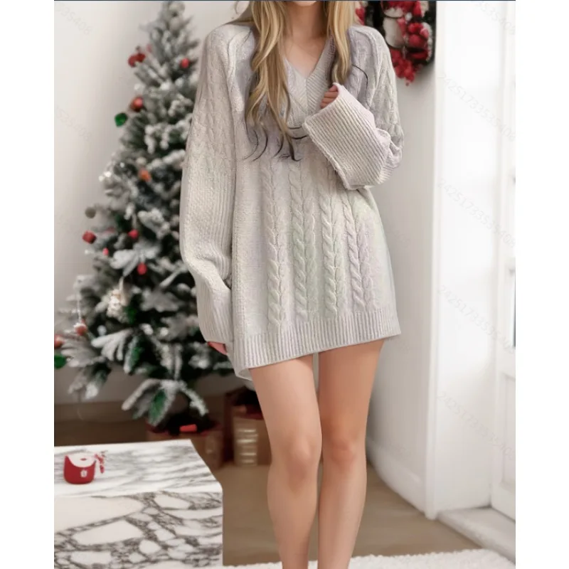 

Autumn and winter Korean style long sleeved loose sweater women's retro V-neck knitted pullover casual knitted dress
