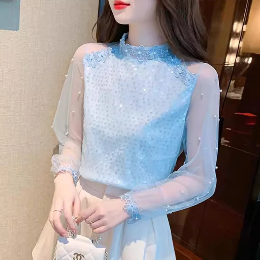 Spring/Summer Beading Chiffon Tops For Women\'s 2024 New Lace Gauze Long Sleeve Sequin Shirt Ladies Beautiful Fashion Slim Blouse