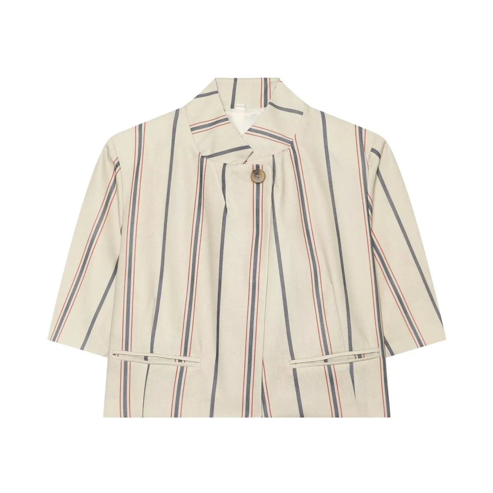 Guobioziy 2026 Summer New Women's Jacket Khaki Striped Short-Sleeve Cropped Simple Blazer Personality Fashion