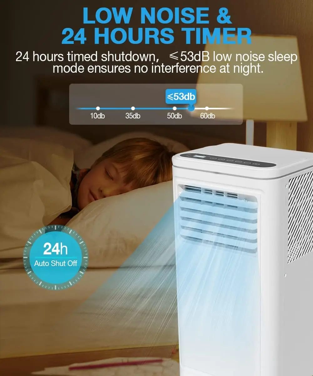 Climatiseur portable, 8000 BTU pour pièce jusqu'à 350 pieds de reproduction, AC portable avec DeAquarelle et ventilateur, 2 vitesses de ventilateur, minuterie 24h