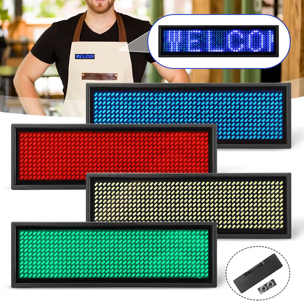 Rechargeable Bluetooth Digital LED Badge DIY Programmable Scrolling Message Mini LED Name Tag 4/15 Display Languages Badge