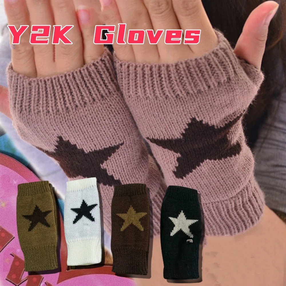 

1Pair Winter Fingerless Gloves Men Women Punk Y2K Star Knitted Gloves Korean Half Finger Warm Woolen Gloves Thick Elastic Mitten