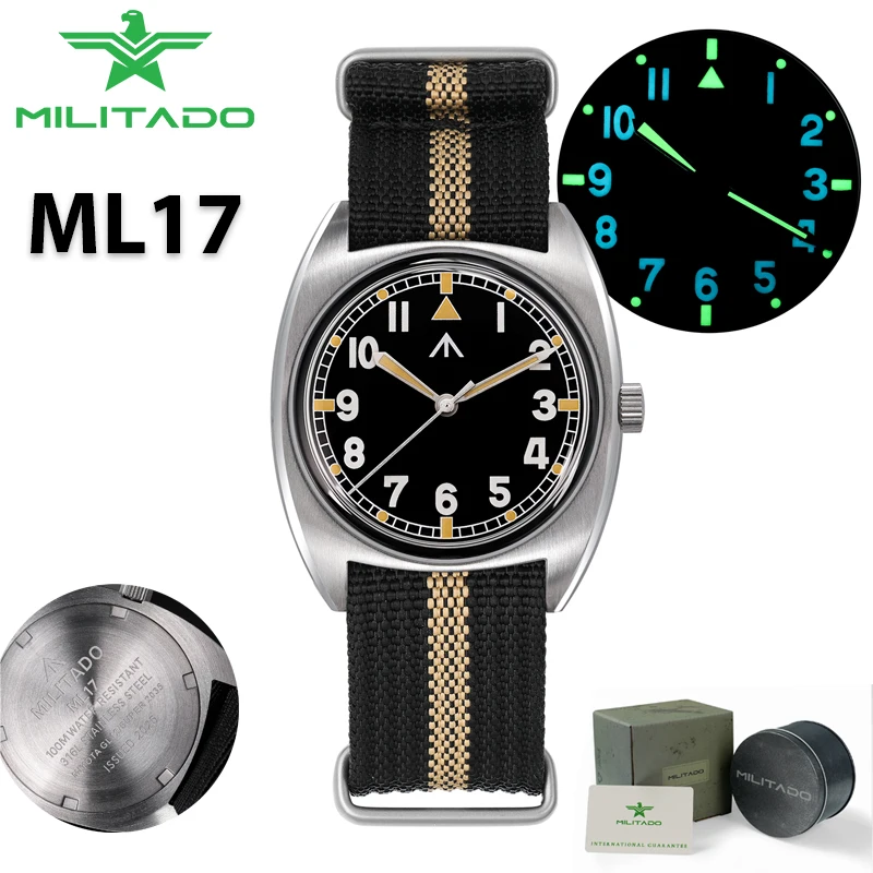 Militado ML17 ساعة عسكرية ميوتا سوبر 2035/ GL12 حركة كوارتز C3/BGW9 مضيئة 100 متر مقاوم للماء 36 مللي متر ساعات رجالية عتيقة #1