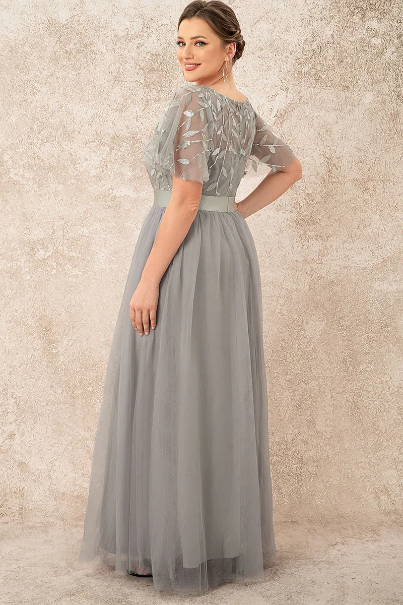 Flycurvy Plus Size Evening Gowns Grey Embroidery Butterfly Sleeves Maxi Dress