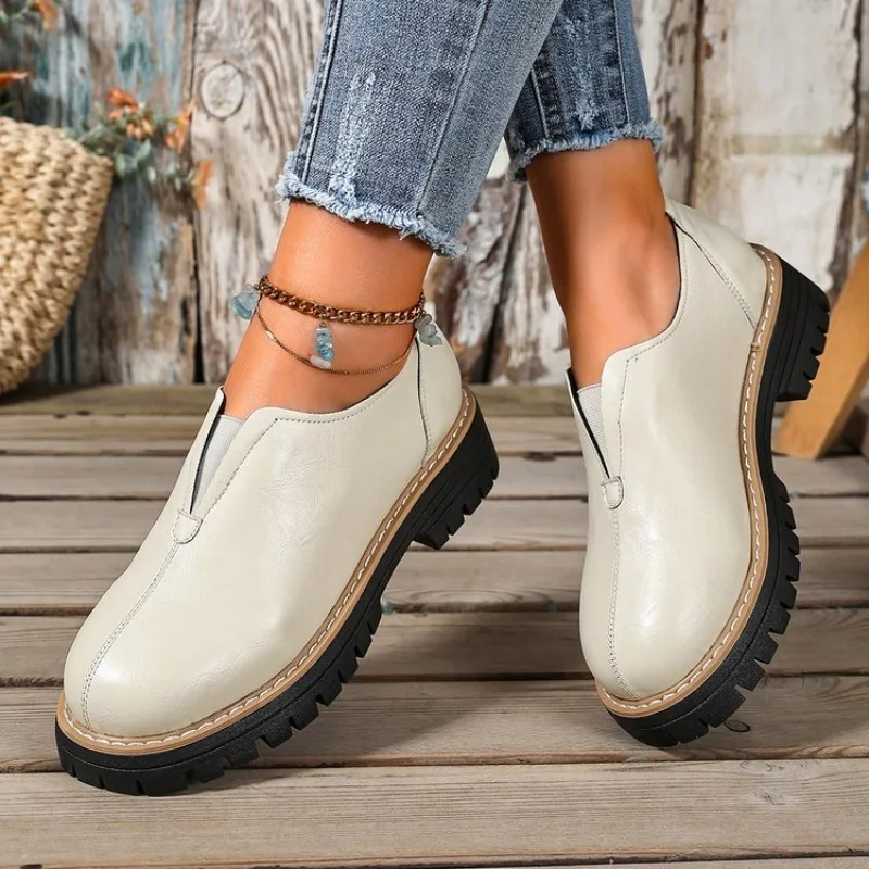 Women's Slip on Loafers Round Toe Chunky Lug Sole Platform Shoes Smooth Finish Front Seam Details Contrast Stitching Low Heels