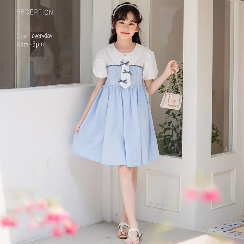 Girls Short-sleeved Dress 2024 Summer New Children Wear Academy Wind Big Child Color Skirt Fashion Simple Casual Skirt