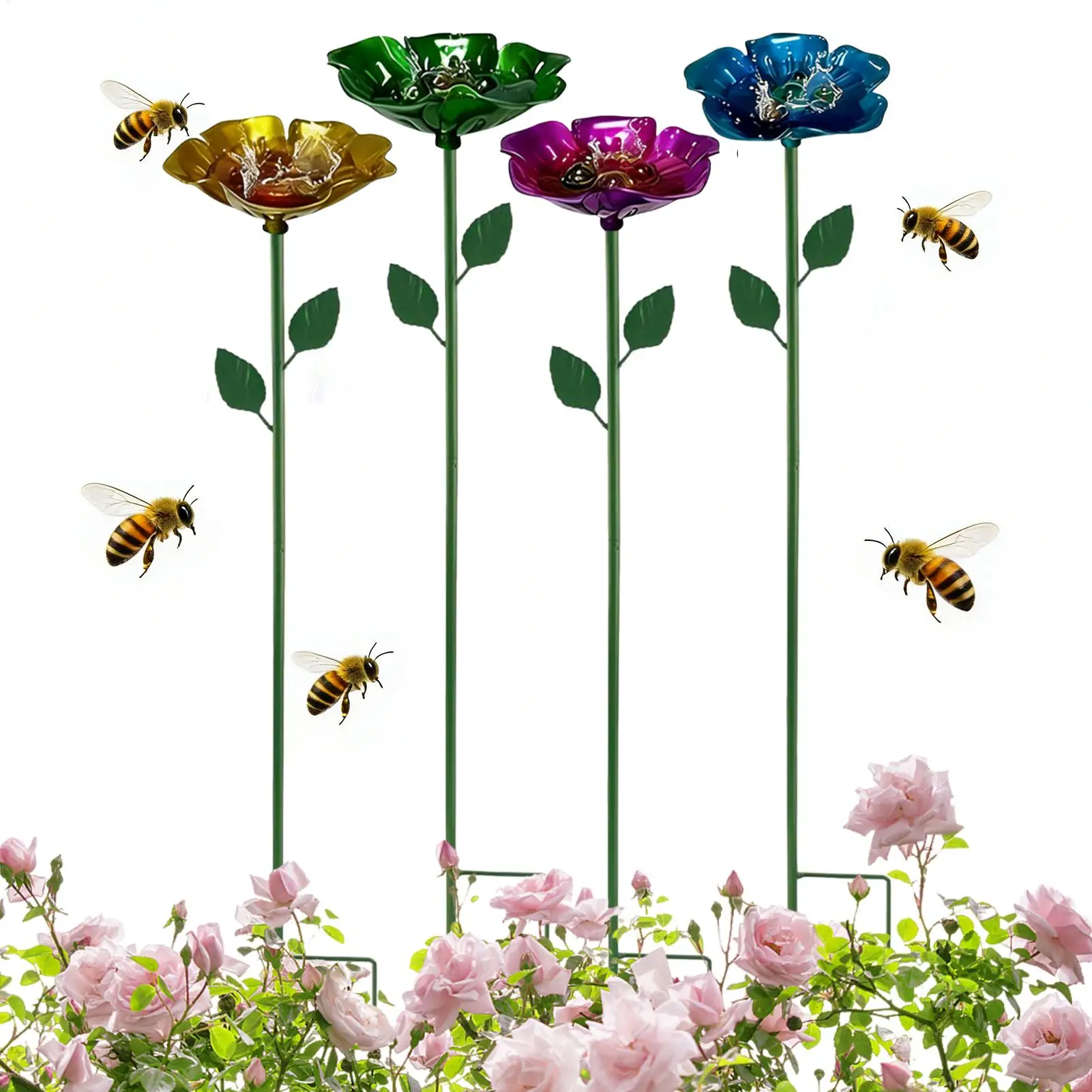 Station d'abreuvement pour abeilles avec piquet, 4 pièces, en métal, pour la décoration de la cour, abreuvoir pour abeilles pour l'extérieur, pour les allées, les jardins, les fermes et les patios