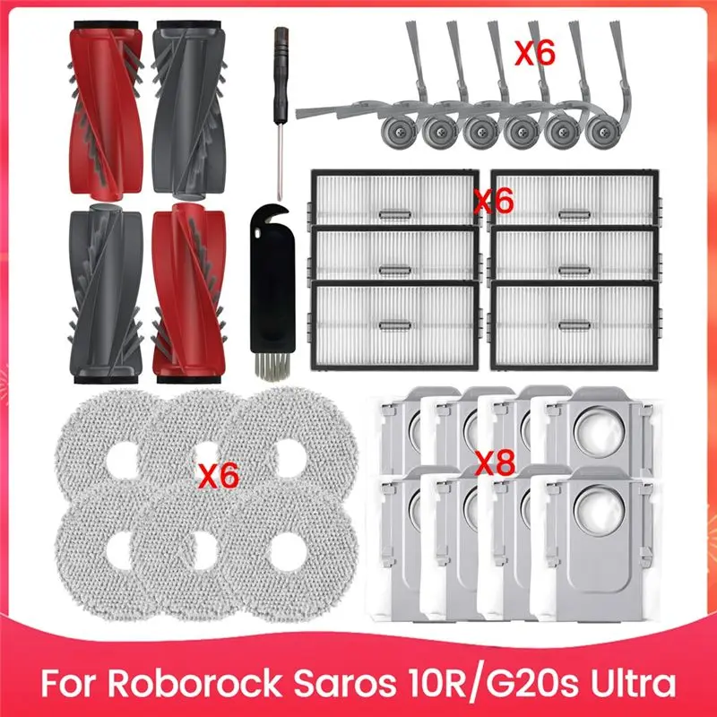 

Запасные части для робота-пылесоса Forroborock Saros 10R, G20s Ultra: основная и боковые щетки, HEPA-фильтры, мешки для сбора пыли, салфетки для влажной уборки