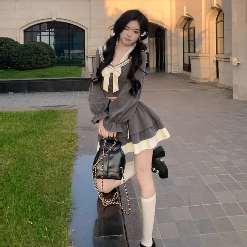 2026 Japanese Kawaii Lolita 2 Piece Skirt Sets Women Sweet Bow Lapel Blouse Crop Tops Chic Mini Skirts Suit Preppy Style Outfits