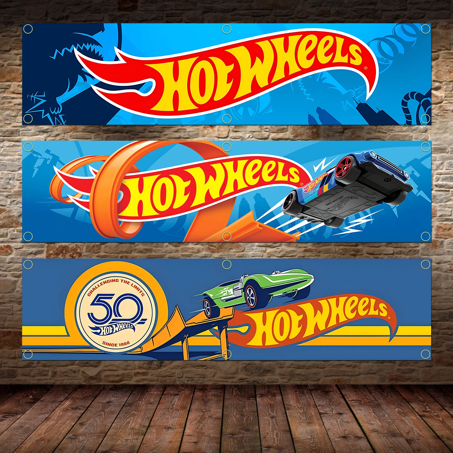 60X240 cm Banner Hot Wheels Auto Bandiera Poliestere Stampato Garage Wall Art Decorazioni per esterni Arazzo con occhielli in ottone