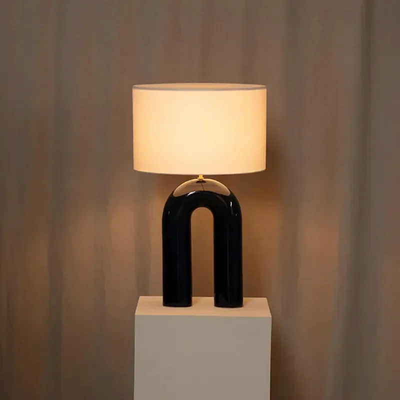 Modern Iron Arch Table Lamp Burgundy Glossy Metal Base Gold Brass Fabric Drum Shade Warm Light Bedside for Living Room