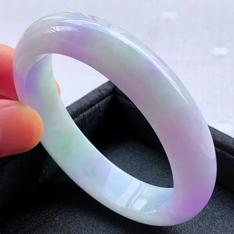 Myanmar Old Mine , Ice-Waxy Texture, Green with Purple Spring Color Jade Bangle, Women's Bracelet