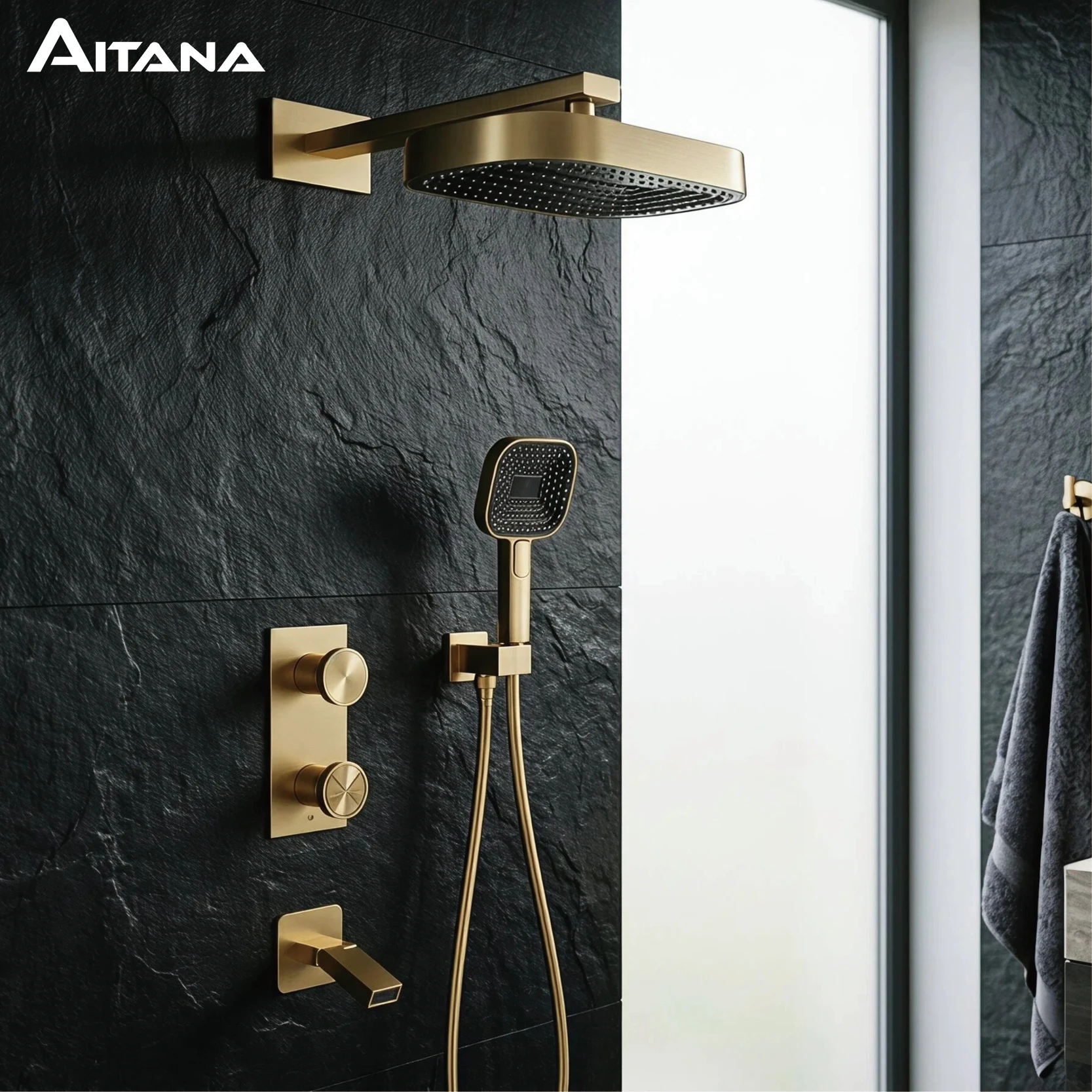Brushed Gold Concealed Brass Shower Set Wall Mounted 3 Function Hot Cold Mixer Tap Embedded Bathroom Rain Shower System Kit