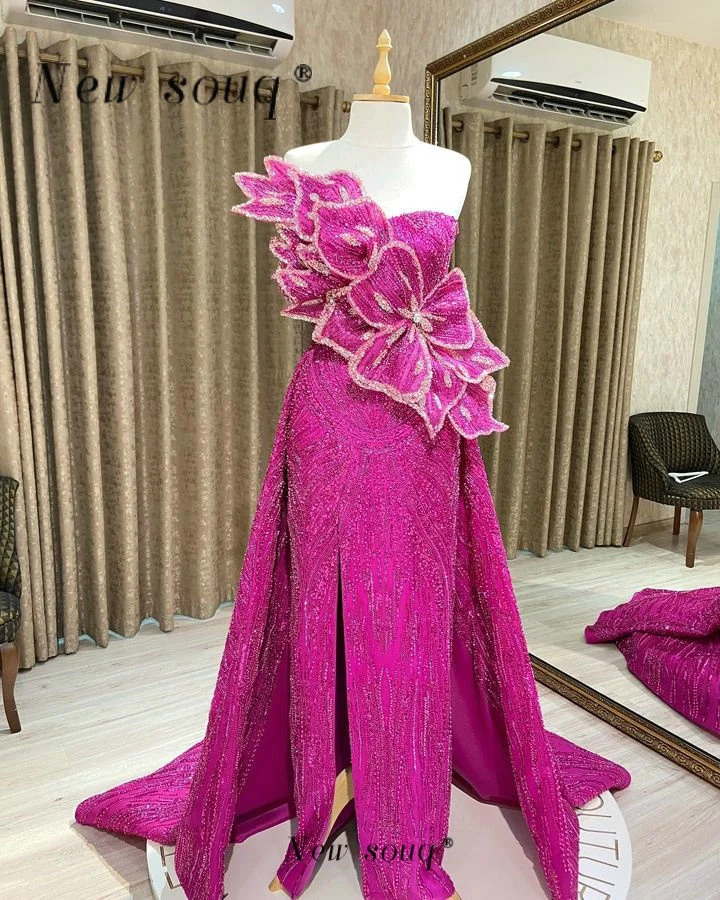 2025 Fuchsia Heavy Beaded Long Evening Dresses with Detachable Train Customized Dubai Two Pieces Wedding Reception Party Gowns