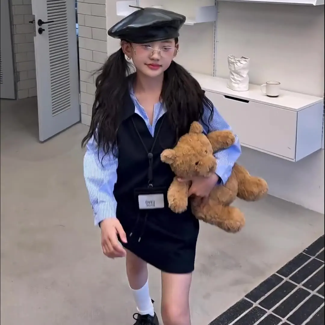 Spring/Autumn Teenager Girls Suit Cloth patchwork Striped Shirt Blouse + Short Skirt Dress Children Set 4 7 8 9 10 11 12 Year