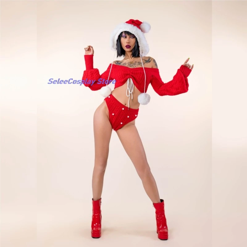 Original Festive Red Sweater Hot INS Same Style Christmas Red Hat Hood High Split Hooded 3pcs FullSet Women New Year Dress up - view 4