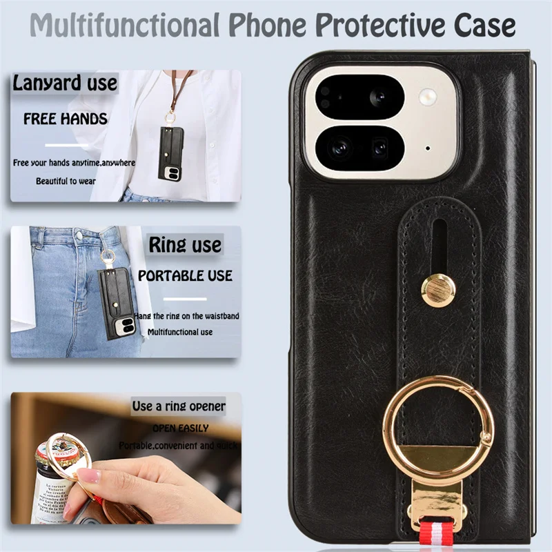 Luxury Wristband Leather Stand Case for Google Pixel 10 9 Pro Fold Cover Foldable With Ring Opener Hook Coque Fundas Capa
