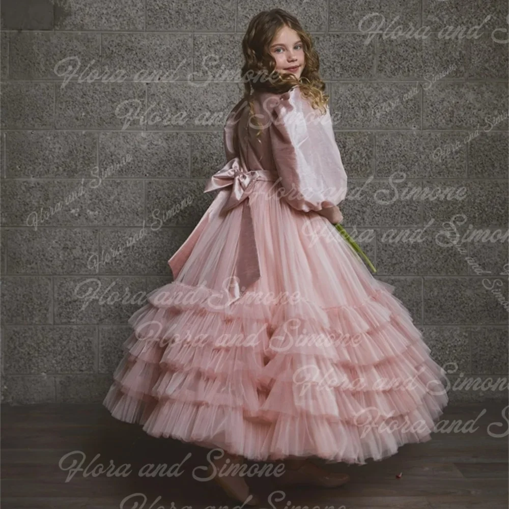 Princess Puff Sleeve Tulle Pleat A Line Wedding Party Flower Girl Dress Bow Ankle Length First Communion Dress Customized
