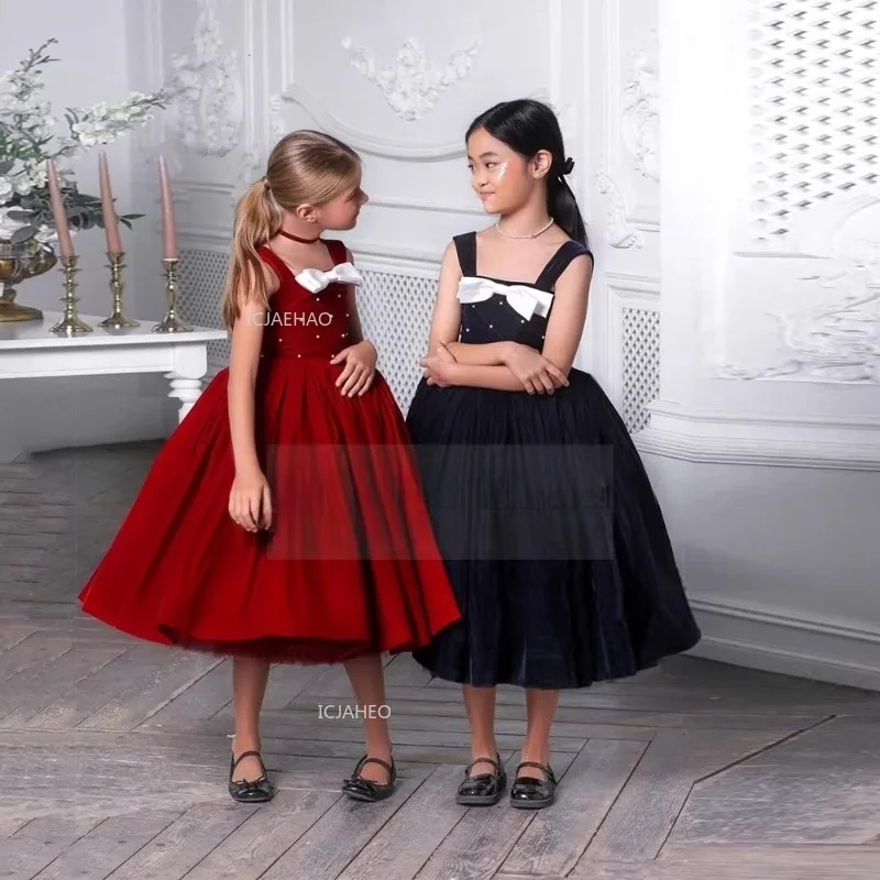 Girls Navy Blue Evening Dress Children Party Gown for Birthday Pageant Piano Performance Host Model Show Formal Wear Costume