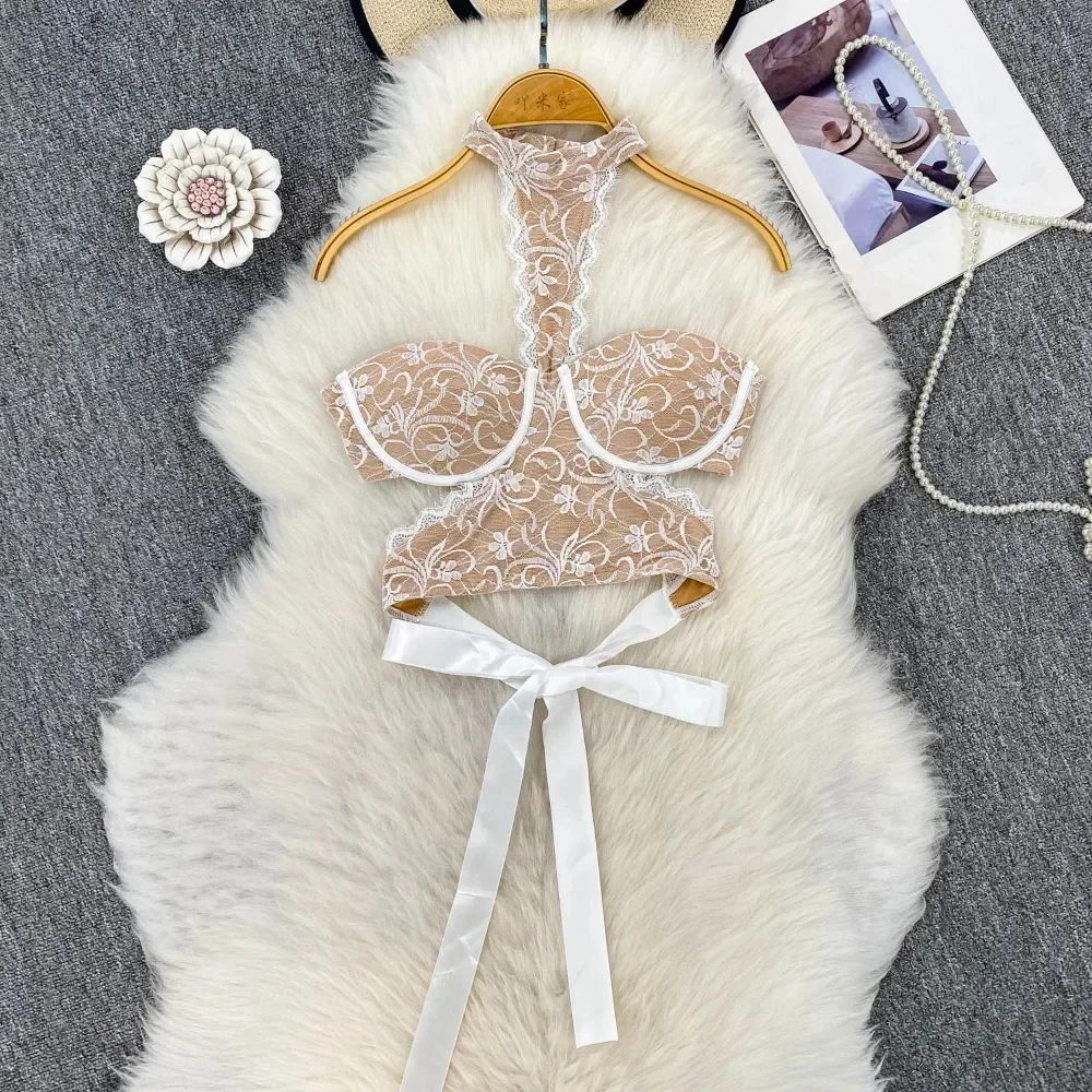 

sexy Slim pleated backless lace Strapless Korean Tanks Top Elegant Basic Crop Top summer Women hotsweet women clothing