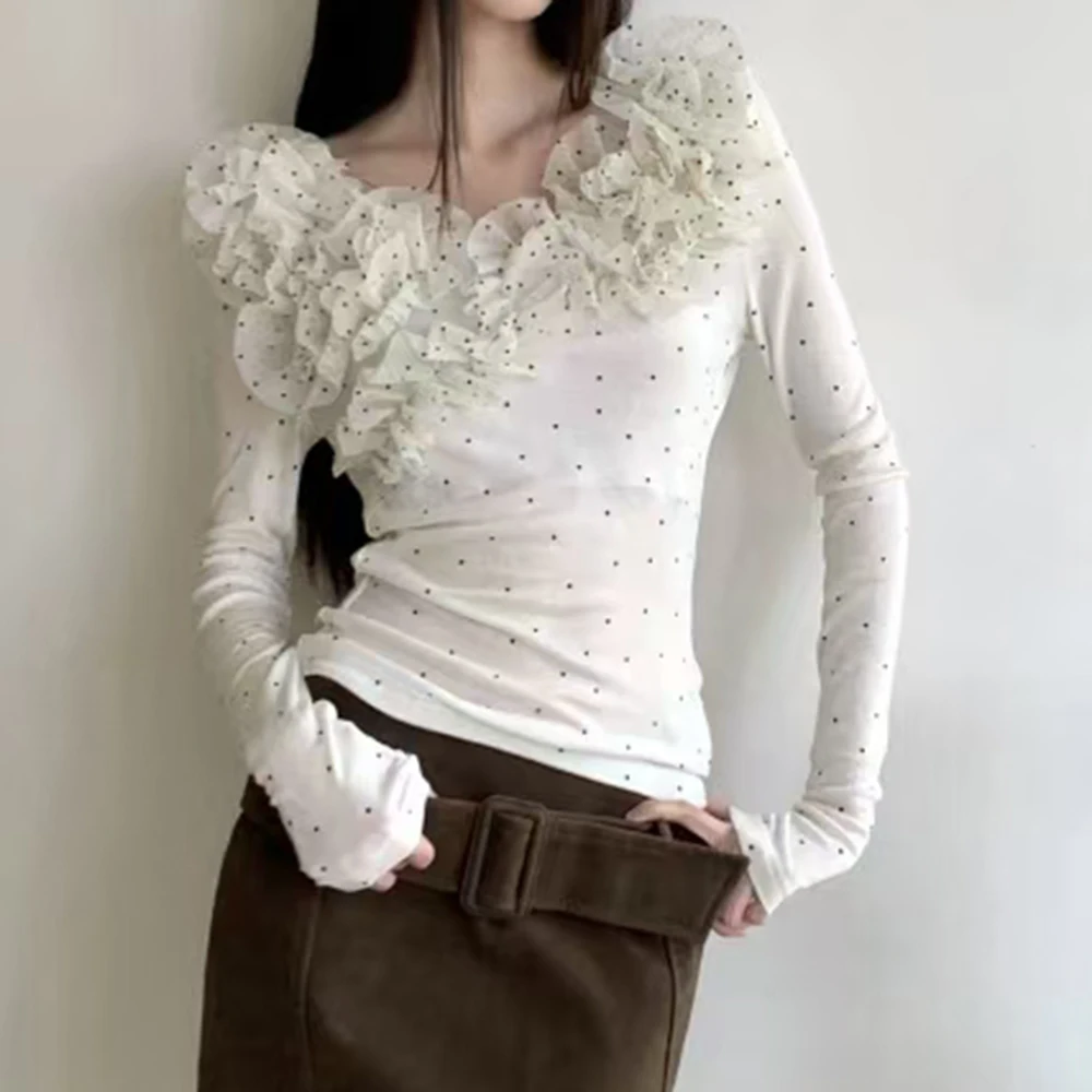 

2025 autumn and winter new French sweet polka dot ruffle edge splicing mesh T-shirt small shirt women