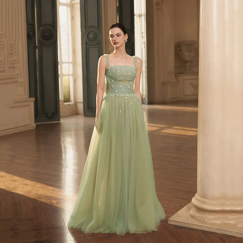 Galarity Green Tulle Evening Dresses Luxury Pleated 3D Floral Beads Sleeveless A Line Prom Dress Corset Party Gown Customizd