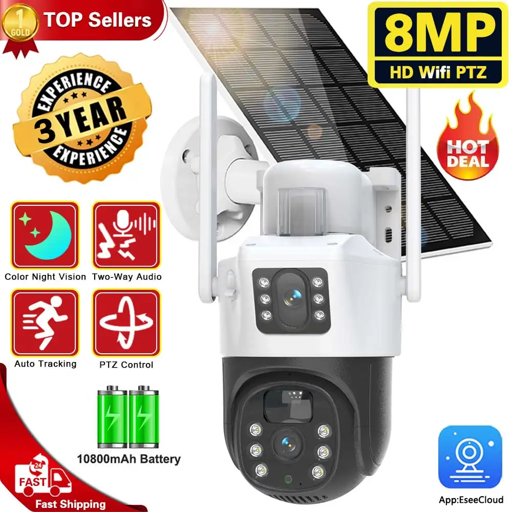 

PIR Solar Camera Dual Screen Outdoor Dual Lens WiFi 8MP 4K IP Camara Solar Panel CCTV Security Protection Built in Battery ccam