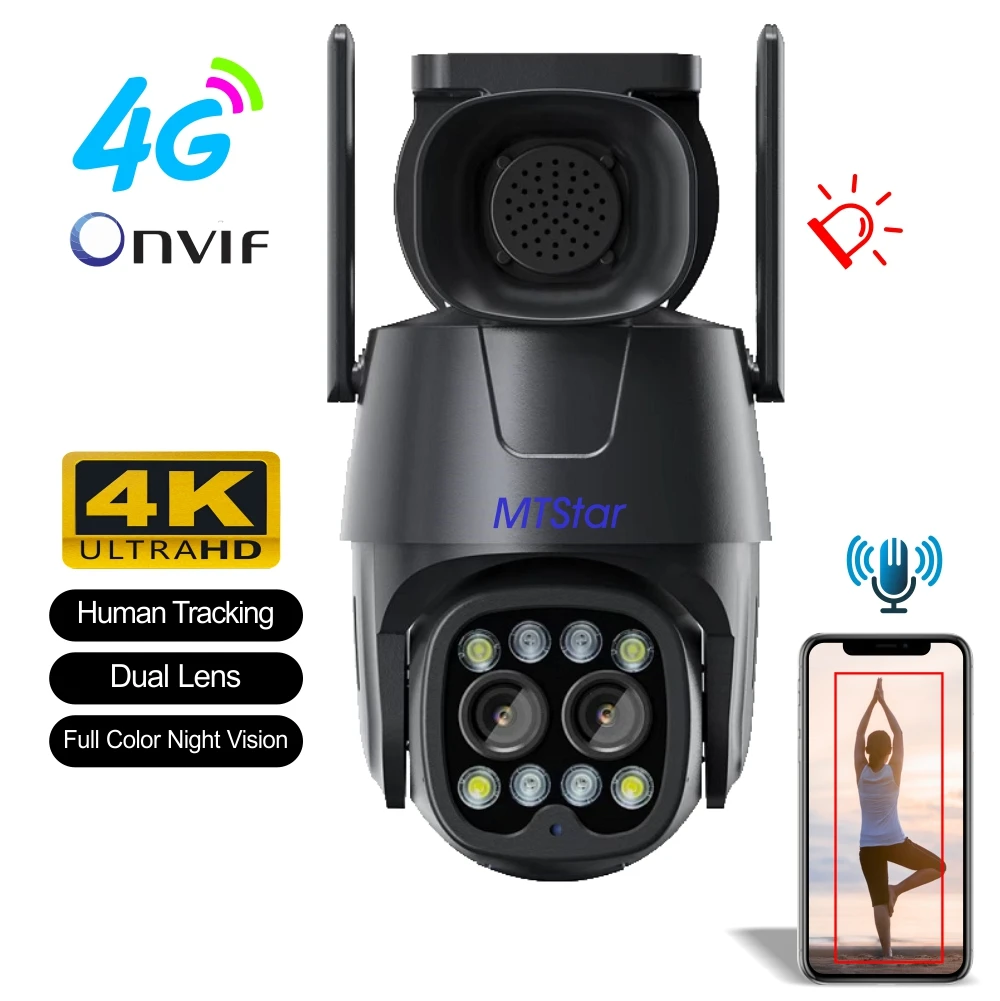 

8MP WIFI＆4G Wireless full color dual lens 10XZoom PTZ Dome Camera P2P Onvif 128GB CamHipro Alarm Speak 4K Surveillance Camera