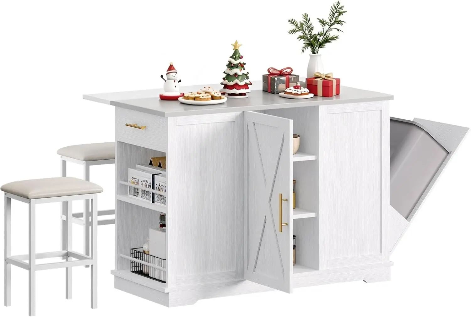 

47" Mobile Kitchen Island with Seating, Stainless Steel Countertop, Drop Leaf & 2 Stools, White