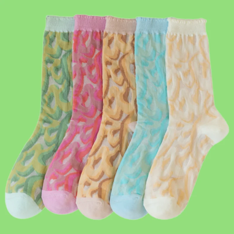 

3/6 Pairs 2024 New Spring And Summer Thin Breathable Stockings Pile Socks Personality Lace Socks Card Silk Ladies Mid-tube Socks