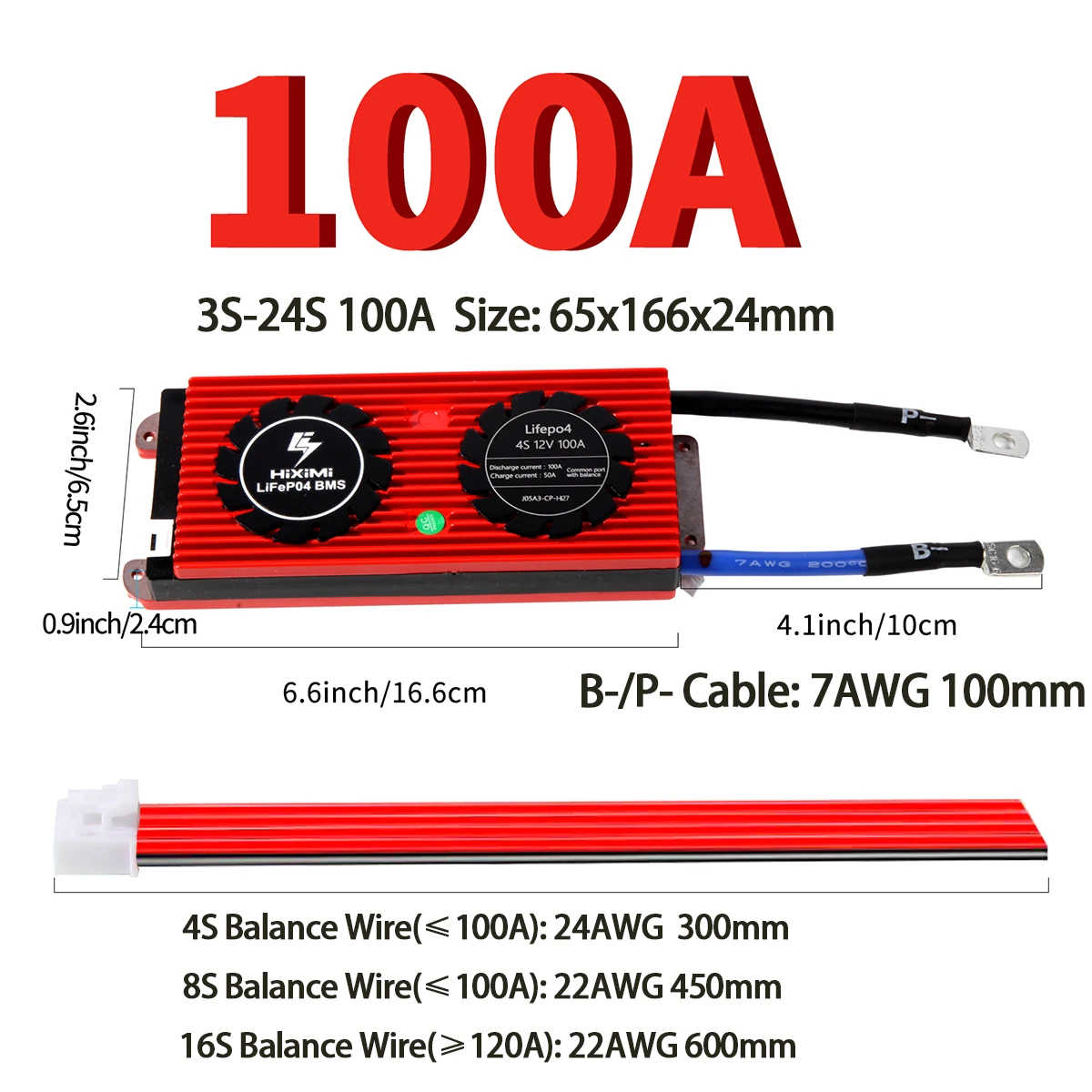 LiFePO4 BMS 100A Lithium Battery Lithium Iron Phosphate Management System with Ba lance Leads Wires for 3.2V 3.7V Cells