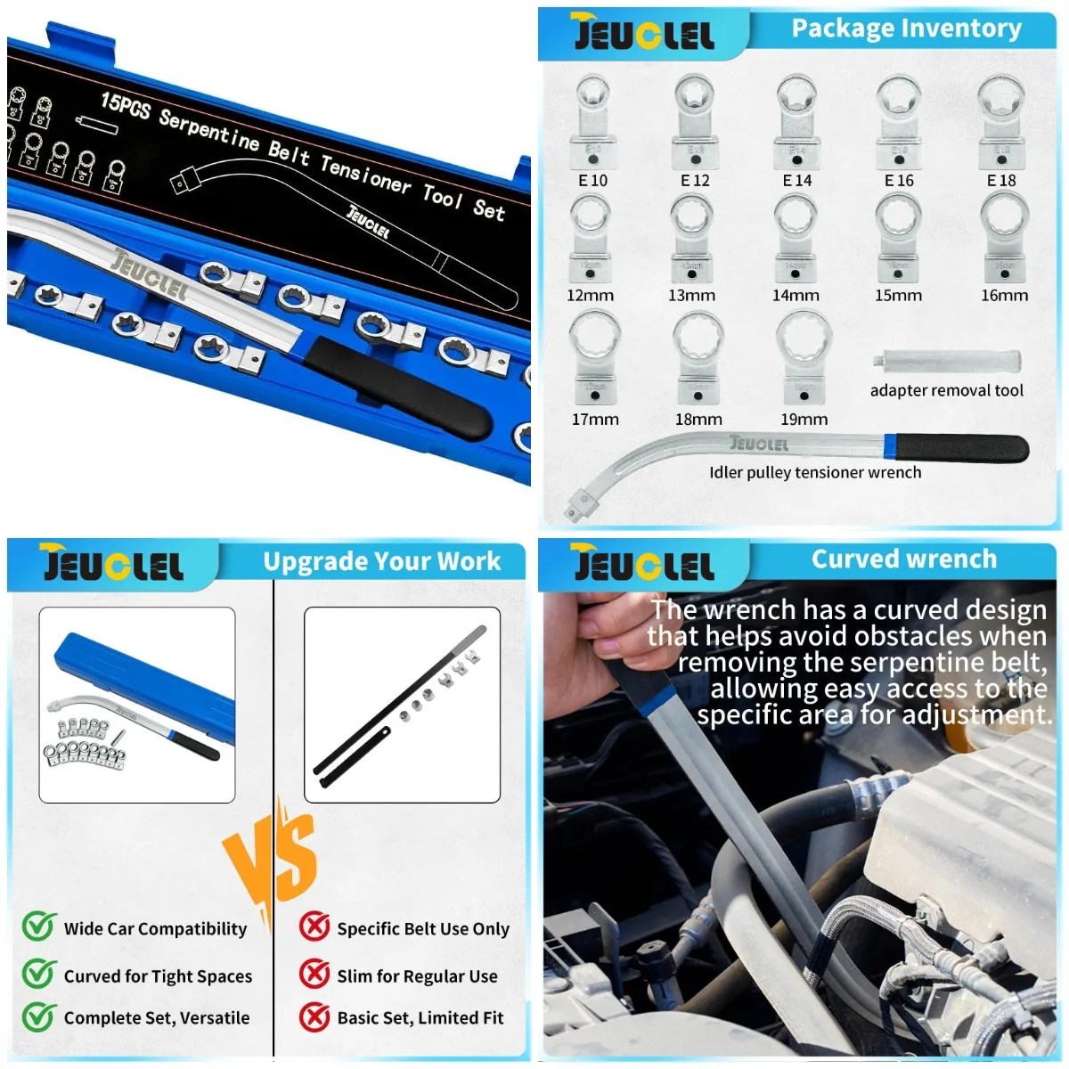 

15 шт. универсальный набор инструментов для снятия шкива натяжителя ремня, 12-точечный набор серпантиновых ключей 12-19 мм