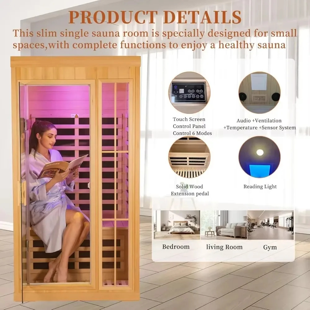 Sauna infrarrojo de madera Hemlock para interiores, Sauna de secado lejano, baja EMF, Control remoto para el hogar, con luces de colores, 1 a 2 personas