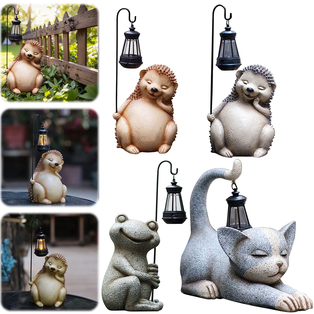 

Funny Resin Animal Sculpture with Solar Outdoor Light Garden Art with Solar Lantern Loving Cat for Patio Balcony Yard Lawn Decor