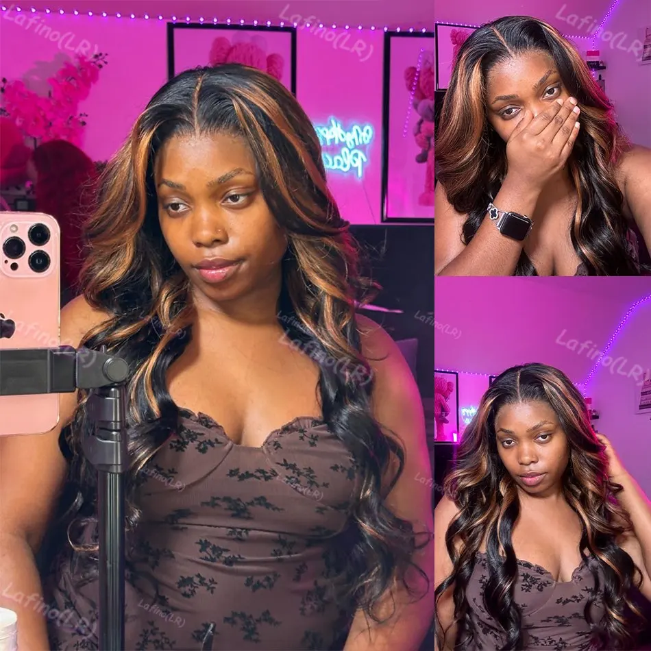 Highlight Body Wave 13x6 HD Omber Lace Front Human Hair Pre Plucked Wig 1B/30 Black Brown Colored 13x4 Lace Frontal Wigs 100% image 2