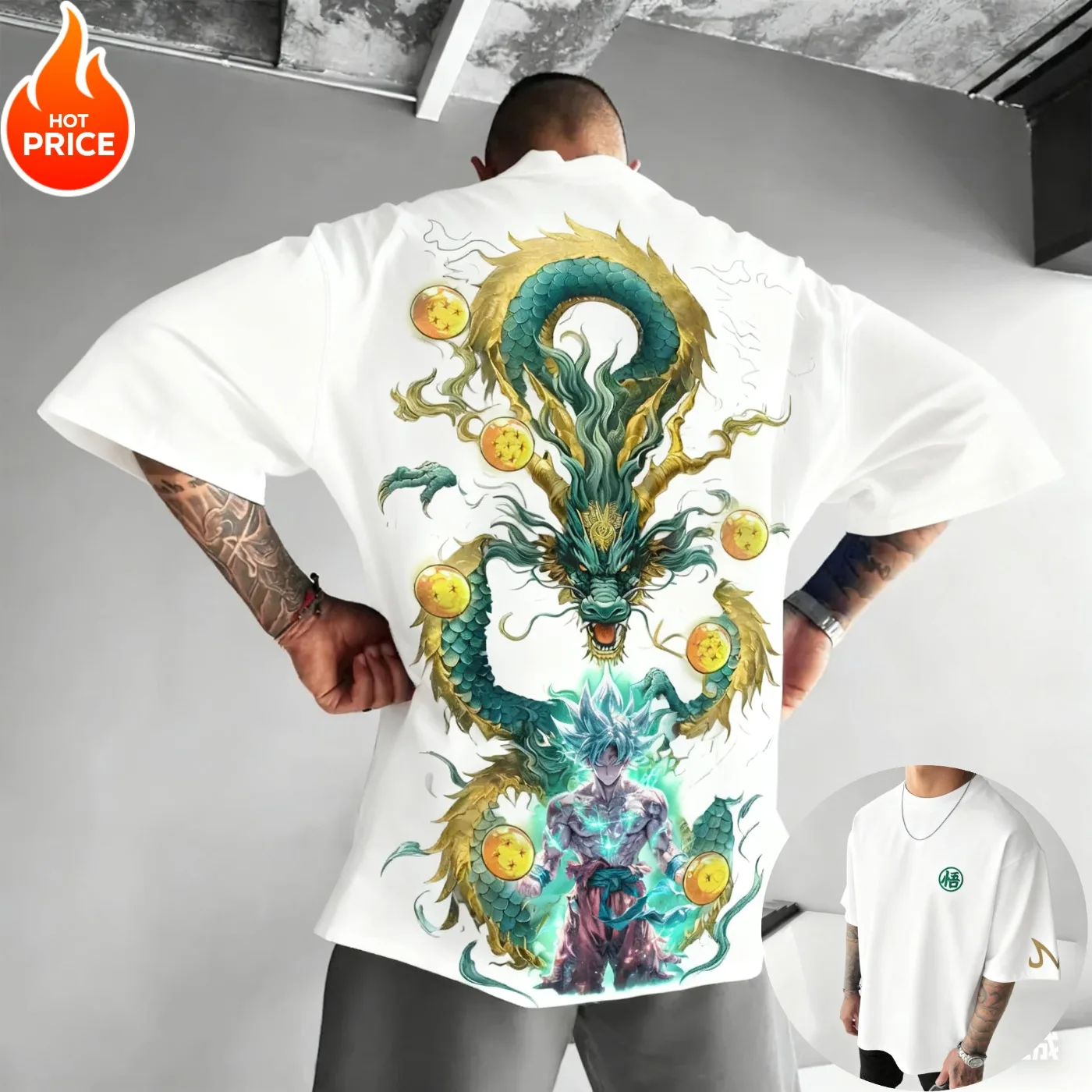 Dragon Ball Ultra Instinct Goku & Shenron T-Shirt im chinesischen Stil aus Baumwolle, Oversize-Schnitt für Herren und Damen, Lässige Passform, Unisex