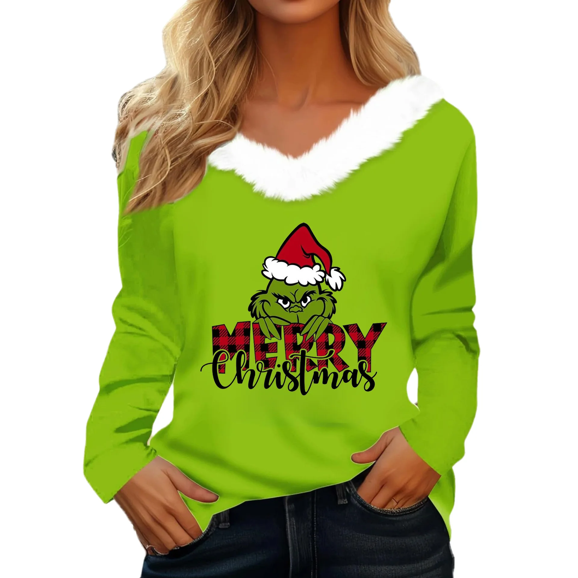 Christmas Decoration Women'S T Shirt Tee Christmas Shirt Long Sleeve Party Christmas Fleece Collar V Neck Top