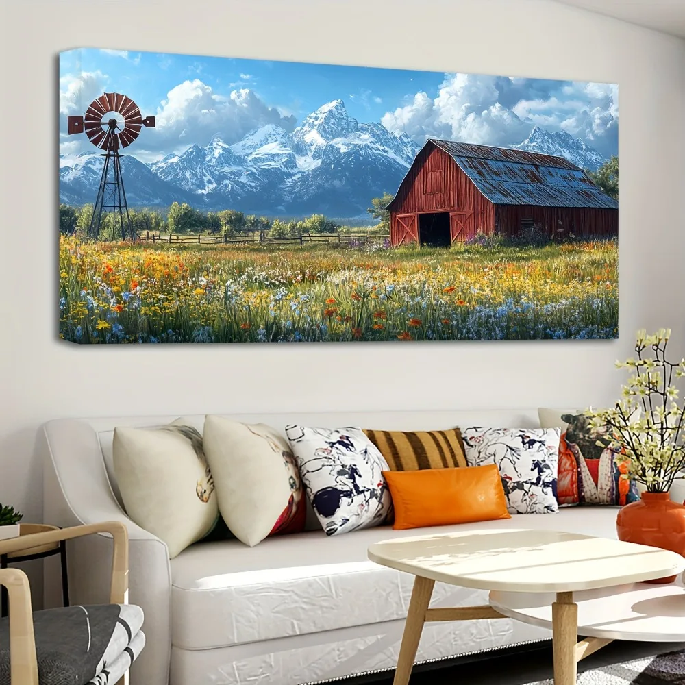 1.5 inch thick pine solid wood frame, large vintage murals, rural landscapes, natural canvas paintings of rural farmhouses