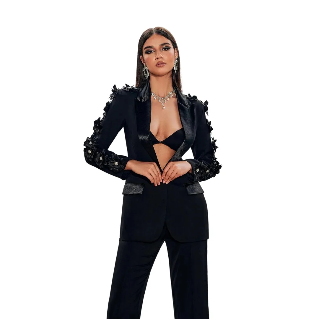 Women's Dresses Suit Gowns Elegant Appliques Beads Jacket Coat And Pants For Female Satin 2 Pieces Suit Customized W527