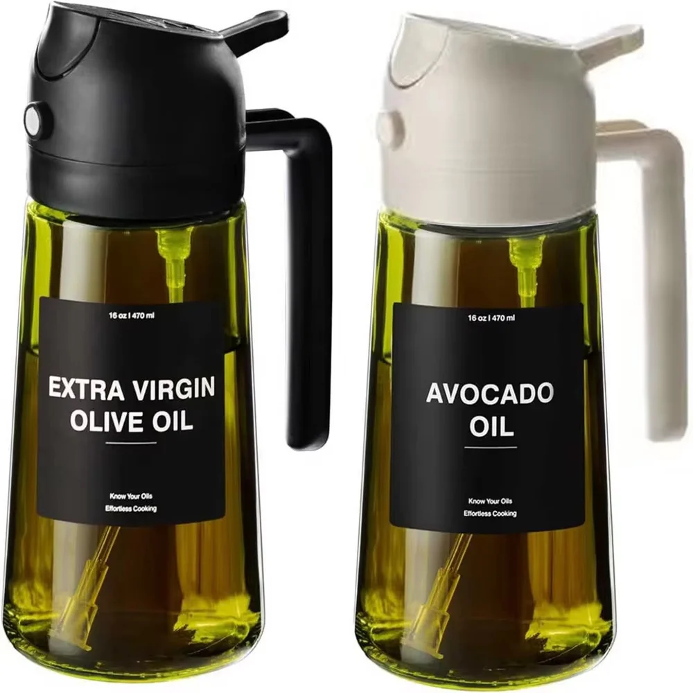Olijfoliedispenser, sproeier voor koken 2 in 1 spray en giet, donkergroene glazen oliefles met stickers, 16oz/470ml oliespuit