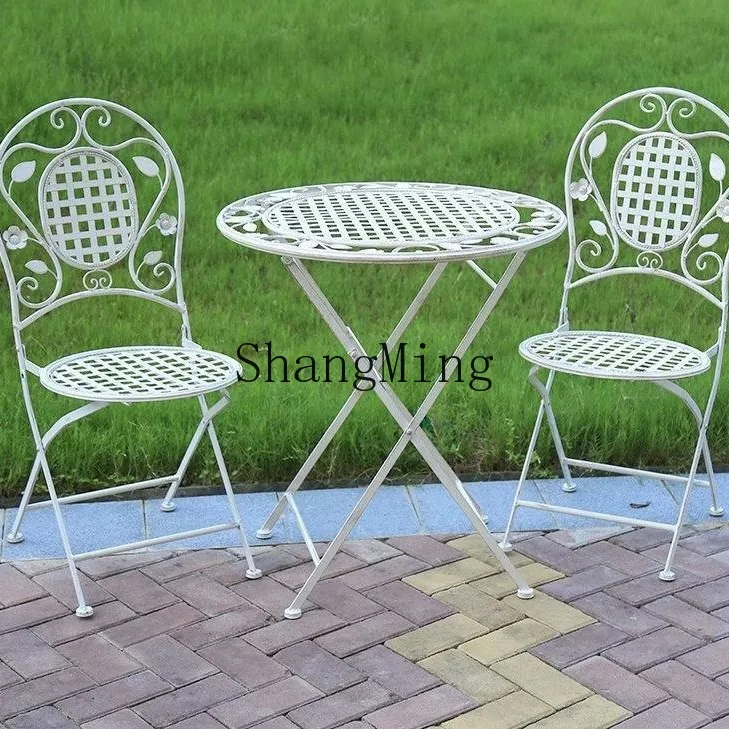 ชุดโต๊ะและเก้าอี้เหล็กดัดสไตล์เรโทรสำหรับกลางแจ้ง เฟอร์นิเจอร์ระเบียงโลหะ ชุดโต๊ะและเก้าอี้แบบรวม