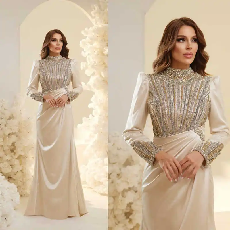 

Customized Beadeds Evening Dresses High Neck Long Sleeve Formal Party Gowns Crystals Sequins Formal Occasion Dresses