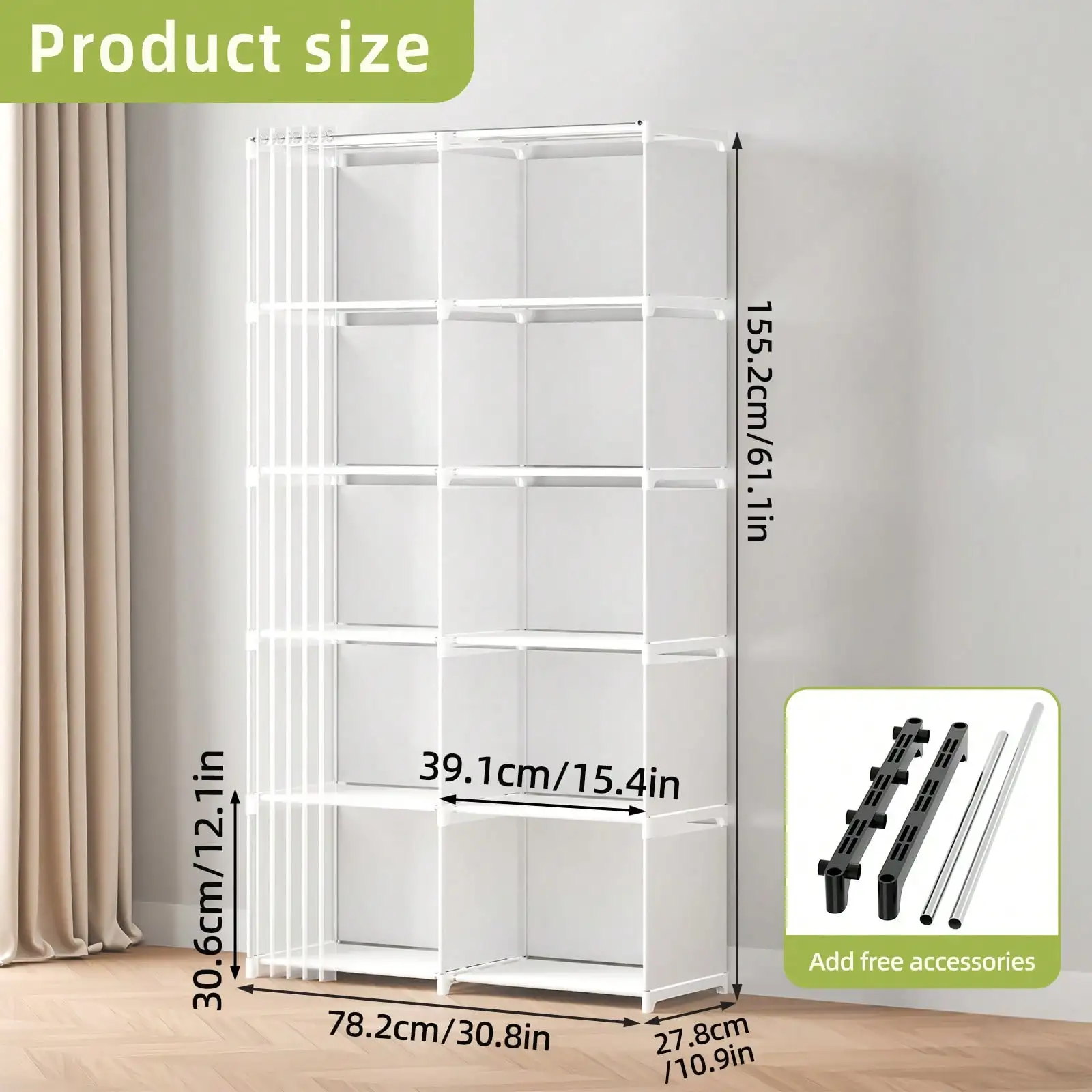 10 Compartment Portable Closet Wardrobe Modern White Double Row Bookshelf Cabinet Unit Storage Organizer Shelving Dustproof Curtain Freestanding Storage Stand For Bedroom Living Room Housewarming Gift