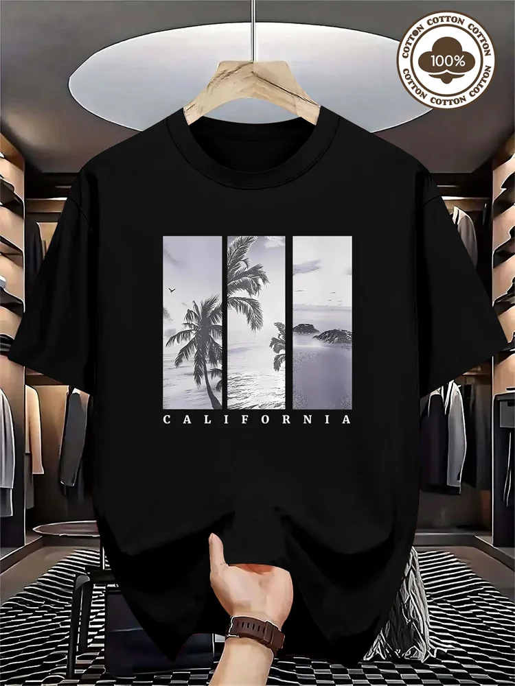 تي شيرت رجالي مطبوع عليه شجرة النخيل في كاليفورنيا ونمط المحيط من القطن الخالص بأكمام قصيرة، بلوفر صيفي كاجوال برقبة دائرية S-2XL